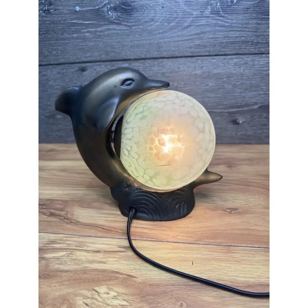 Vtg Art Deco Dolphin TV Lamp Figural Metal Bronze Tone Satin Glass Globe Light